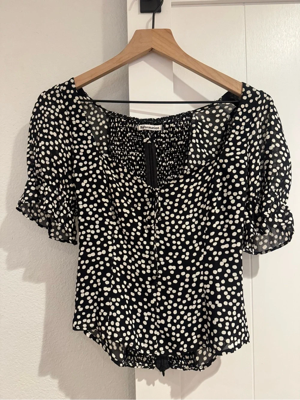 Reformation Black White Polka Dot Puff-Sleeve Tie Front Top